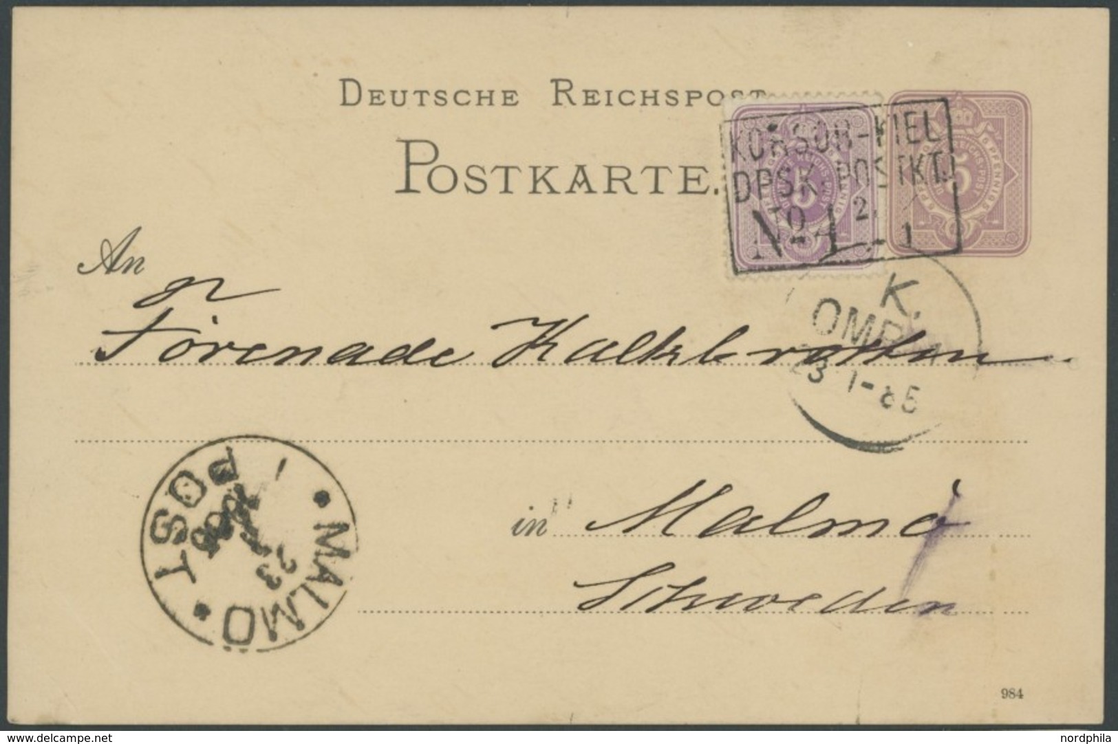 DEUTSCHE SCHIFFSPOST DR 40 P 10 BRIEF, KORSØR-KIEL No. 4, R3 Auf 5 Pf. Ganzsachenkarte Mit Zusatzfrankatur (1885) Von KI - Schiffahrt
