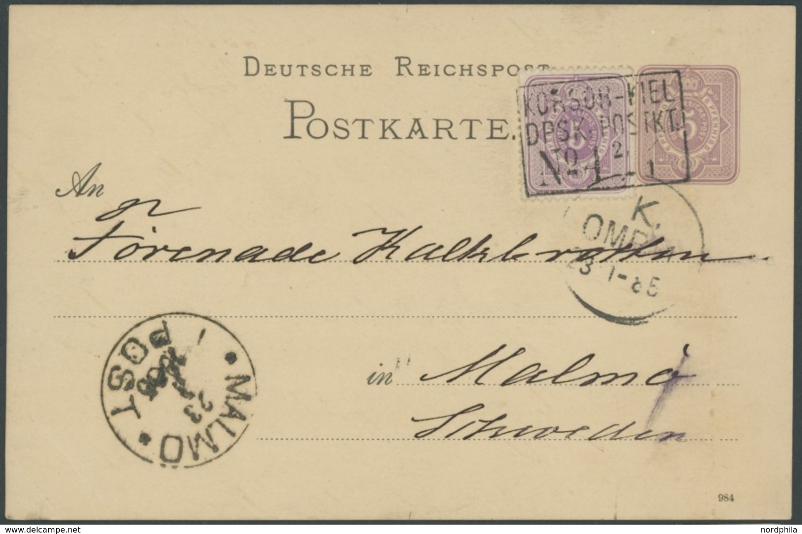 DEUTSCHE SCHIFFSPOST DR 40 P 10 BRIEF, KORSØR-KIEL No. 4, R3 Auf 5 Pf. Ganzsachenkarte Mit Zusatzfrankatur (1885) Von KI - Maritiem