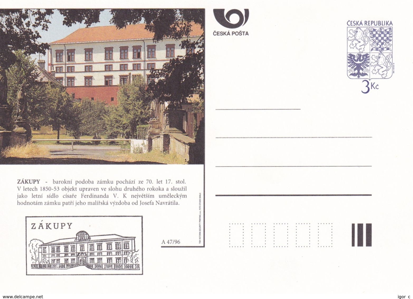 Czech Republic 1996 Postal Stationery Card: Architecture Castle Lion Eagle; ZAKUPY A47/96; - Sonstige & Ohne Zuordnung