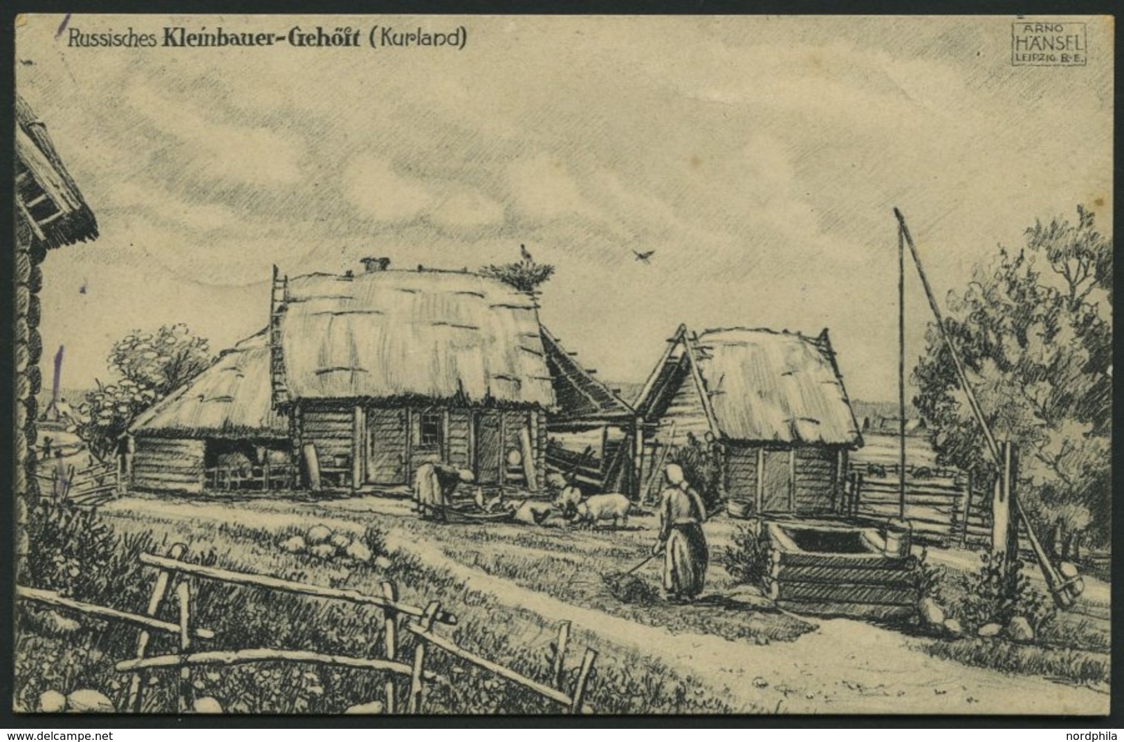 DT. FP IM BALTIKUM 1914/18 K.D. FELDPOSTSTATION NR. 266 **, 4.9.16, Auf Ansichtskarte (Russisches Kleinbauern-Gehöft (Ku - Letland