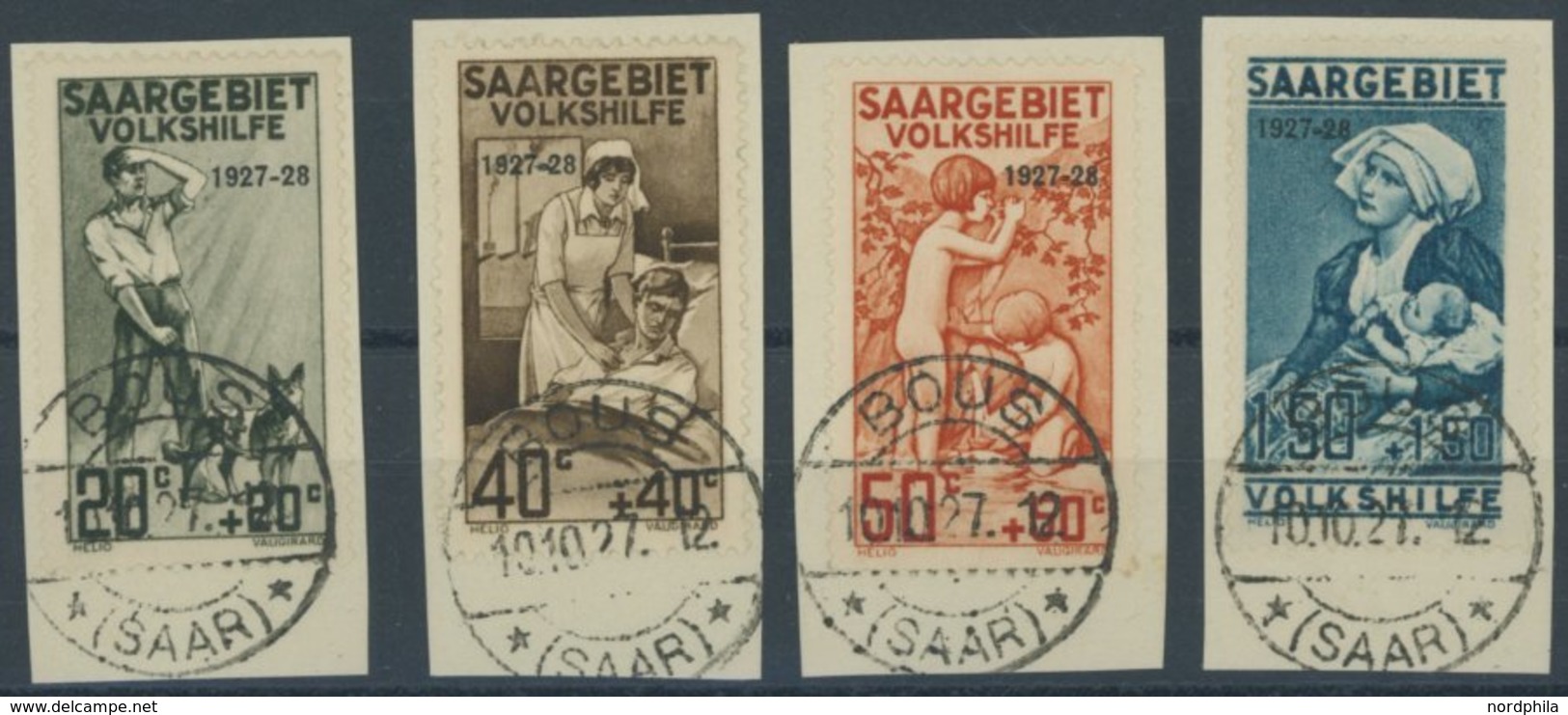 SAARGEBIET 122-25 BrfStk, 1927, Pflegedienste II Auf Briefstücken Mit Stempeln BOUS, Prachtsatz, Gepr. Hoffmann BPP - Otros & Sin Clasificación