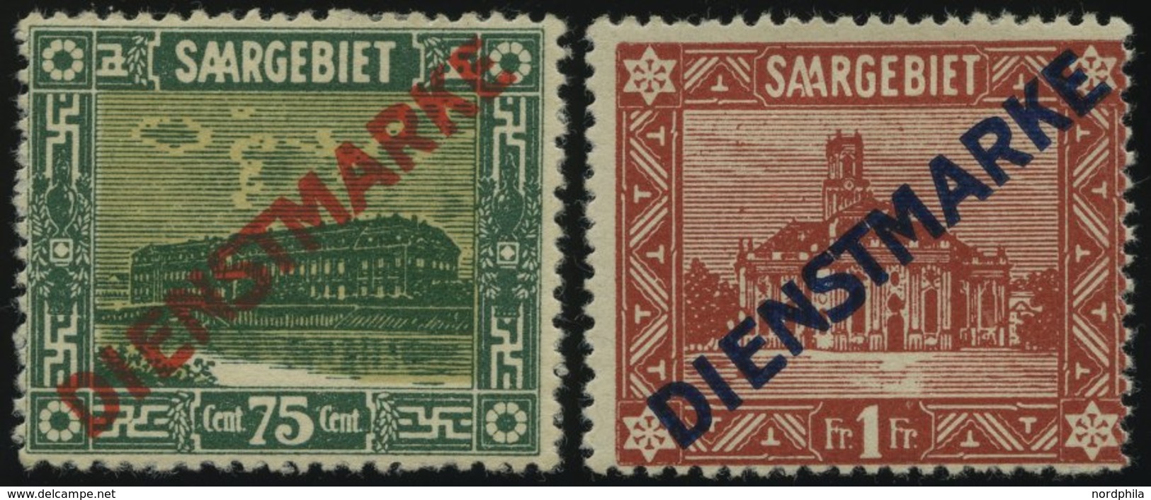 SAARGEBIET D 10,11I *, 1922, 75 C. Und 1 Fr., Type I, üblich Gezähnt, 2 Prachtwerte, Mi. 90.- - Dienstzegels