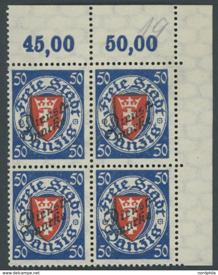 DIENSTMARKEN D 50 VB **, 1924, 50 Pf. Dunkelultramarin/zinnoberrot Im Rechten Oberen Eckrandviererblock, Postfrisch, Pra - Sonstige & Ohne Zuordnung