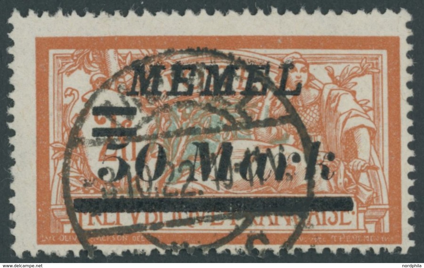MEMELGEBIET 97 O, 1922, 50 M. Auf 2 Fr. Rötlichorange/hellgrünlichblau, Pracht, Gepr. Huylmans, Mi. 60.- - Memel (Klaipeda) 1923