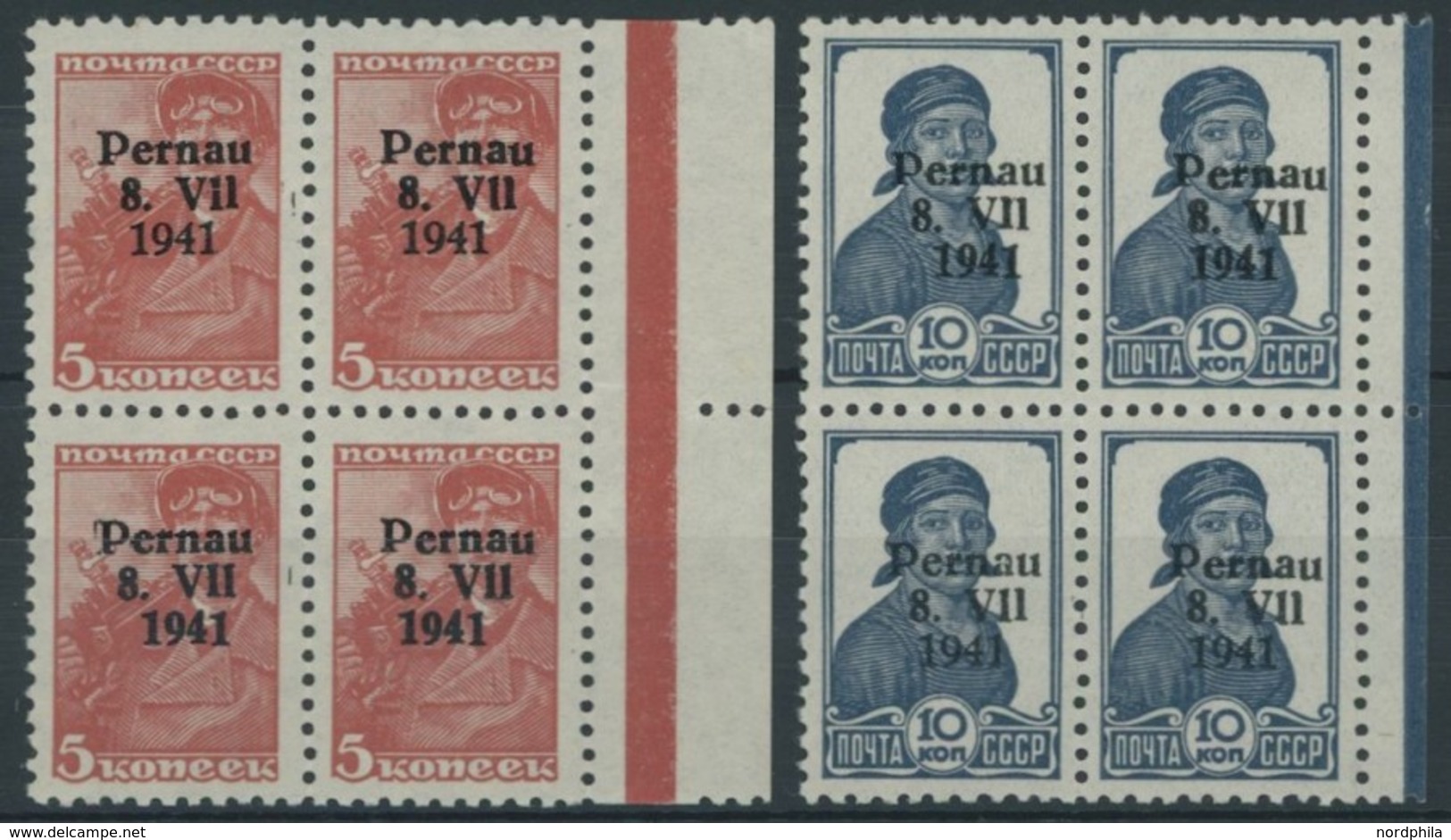 PERNAU 5/6III **, 1941, 5 K. Bräunlichrot Und 10 K. Dunkelpreußischblau, Je In Viererblocks, Dabei Je 2x Mit Abart Größe - Occupazione 1938 – 45