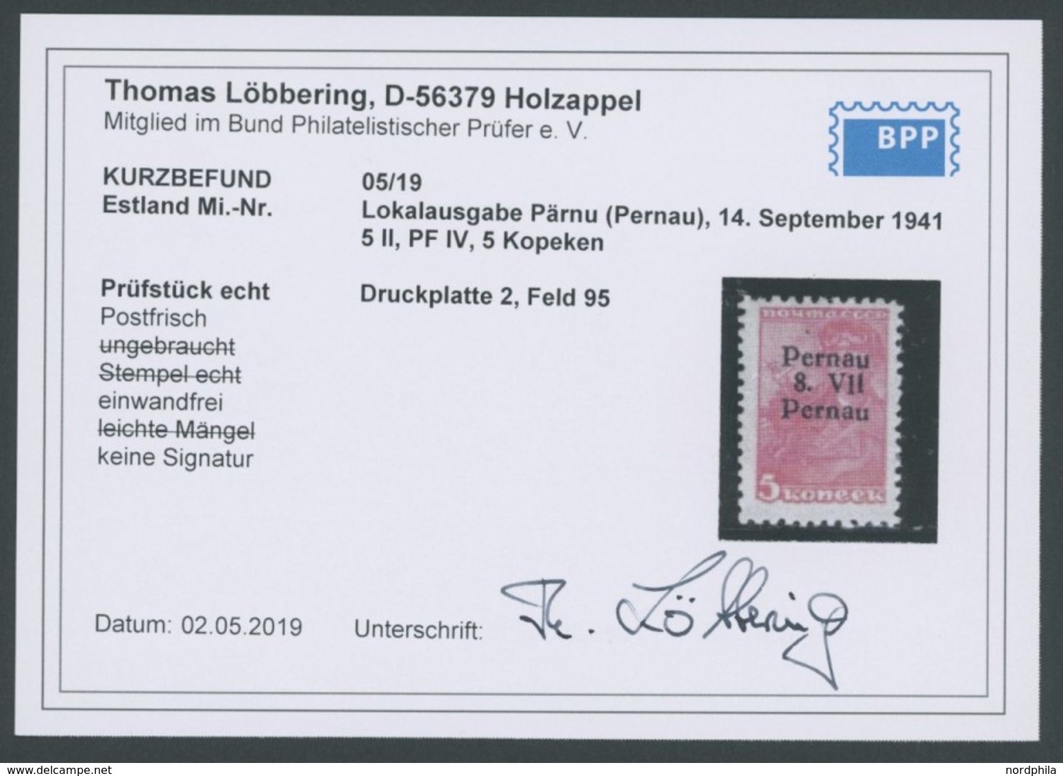 PERNAU 5IV **, 1941, 5 K. Bräunlichrot Mit Aufdruck Pernau/Pernau, Kurzbefund Löbbering, Mi. 100.- - Occupation 1938-45