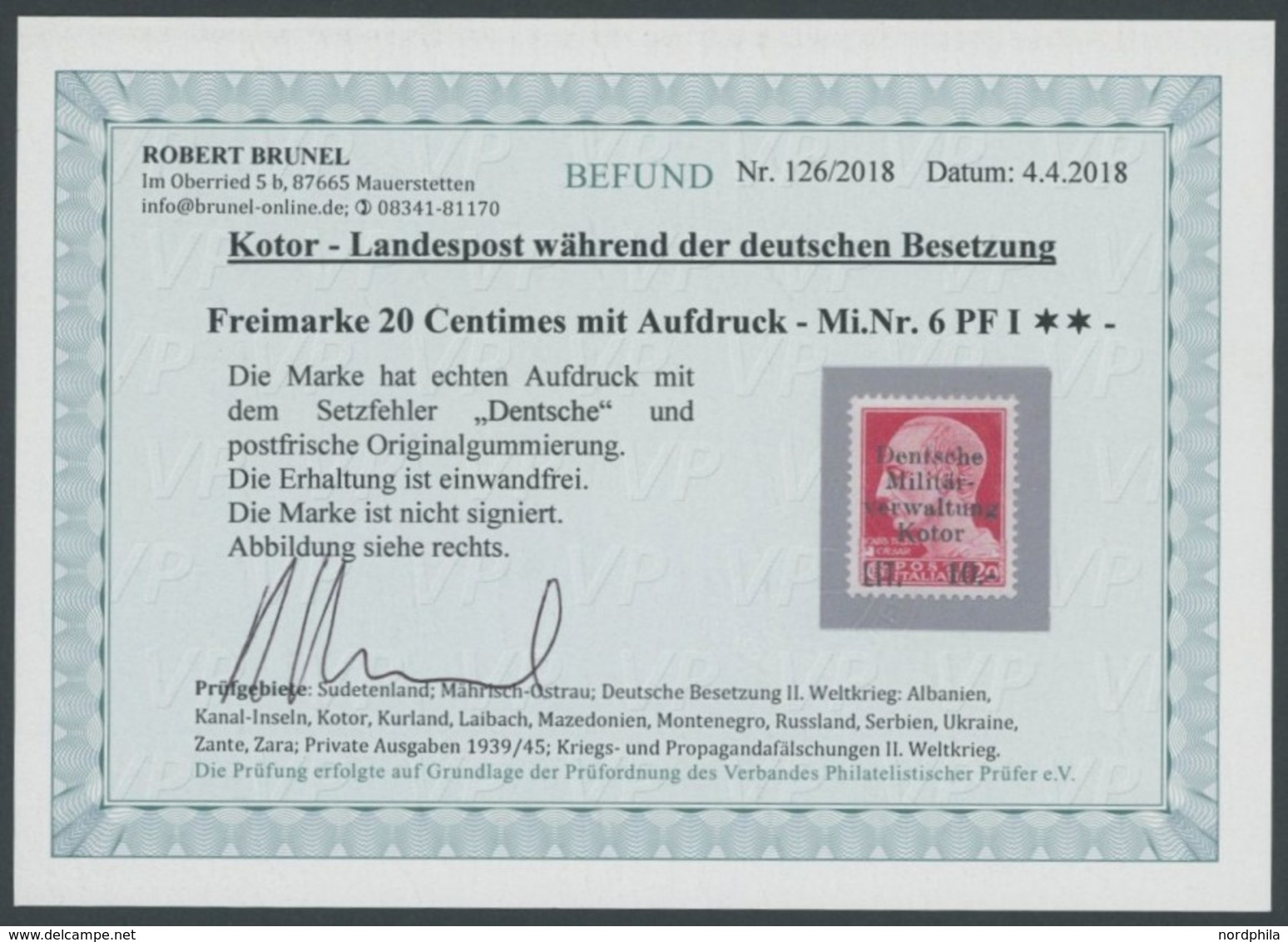 KOTOR 6PF I **, 1944, 10 L. Auf 20 C. Militärverwaltung Mit Aufdruckfehler Dentsche, Postfrisch, Pracht, Kurzbefund Brun - Occupation 1938-45