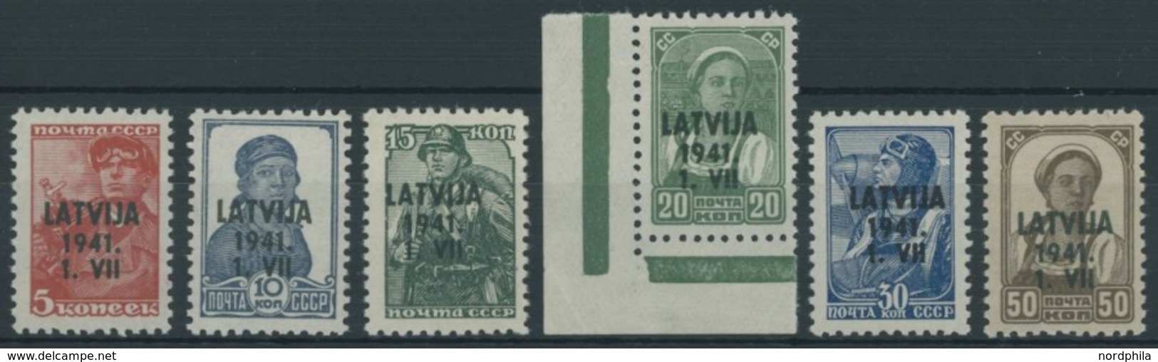 LETTLAND 1-6 **, 1941, Freimarken, Postfrischer Prachtsatz, Mi. 100.- - Ocupación 1938 – 45