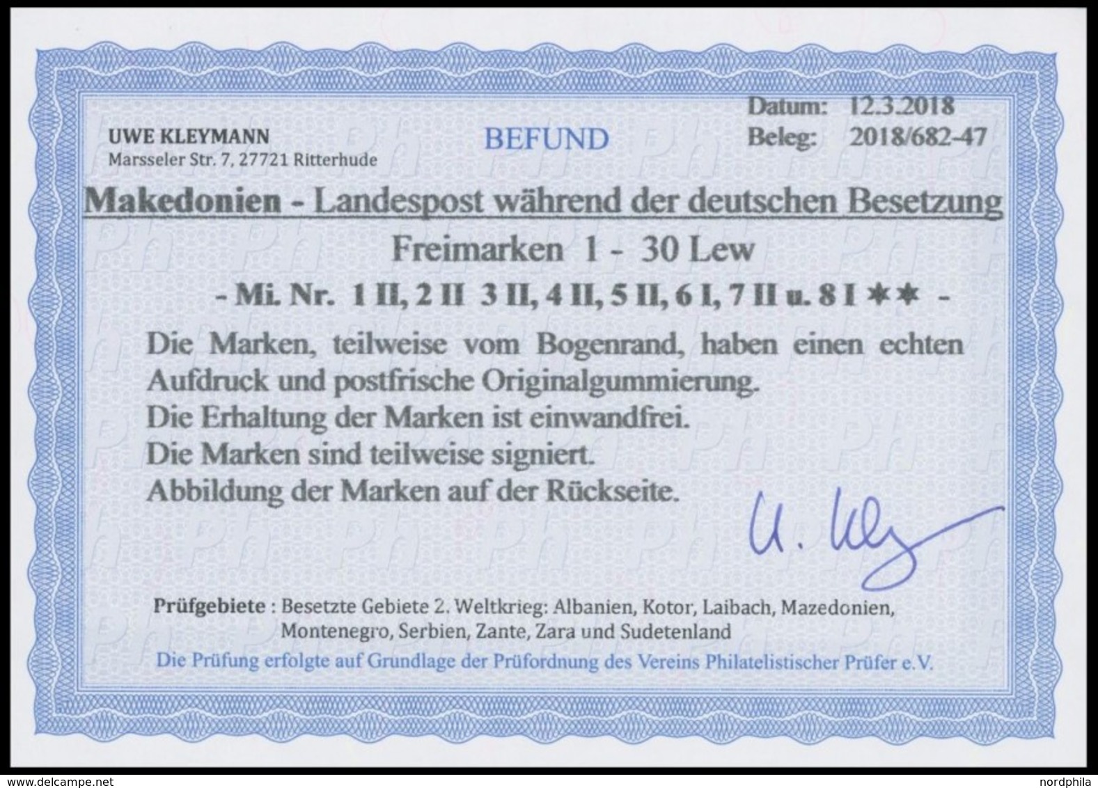 MAKEDONIEN 1-8 **, 1944, Freimarken, Postfrischer Prachtsatz, Fotobefund Kleymann, Mi. 350.- - Besetzungen 1938-45