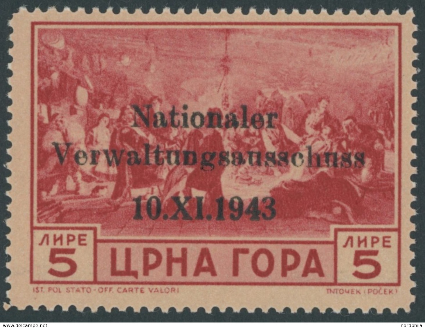 MONTENEGRO 14 **, 1943, 5 L. Nationaler Verwaltungsausschuss, Postfrisch, Pracht, Fotoattest Kleymann, Mi. (650.-) - Deutsche Bes.: Montenegro