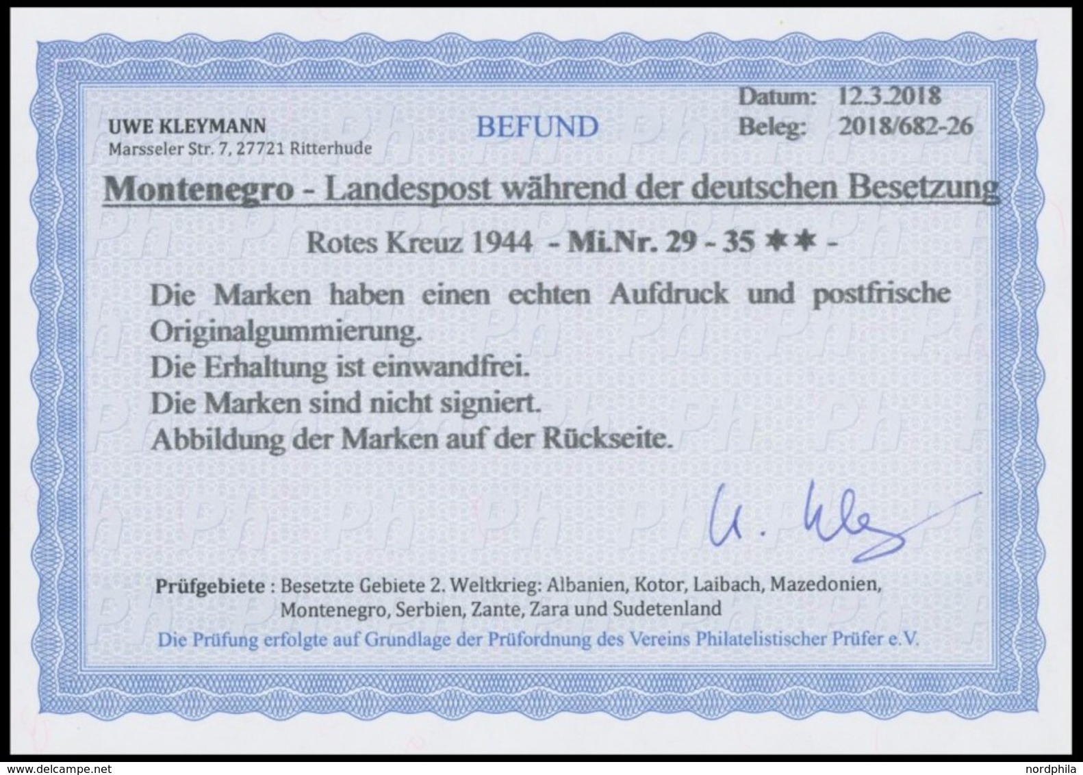 MONTENEGRO 29-35 **, 1944, Rotes Kreuz, Postfrischer Prachtsatz, Fotobefund Kleymann, Mi. (400.-) - Occ. Allemande: Montenegro