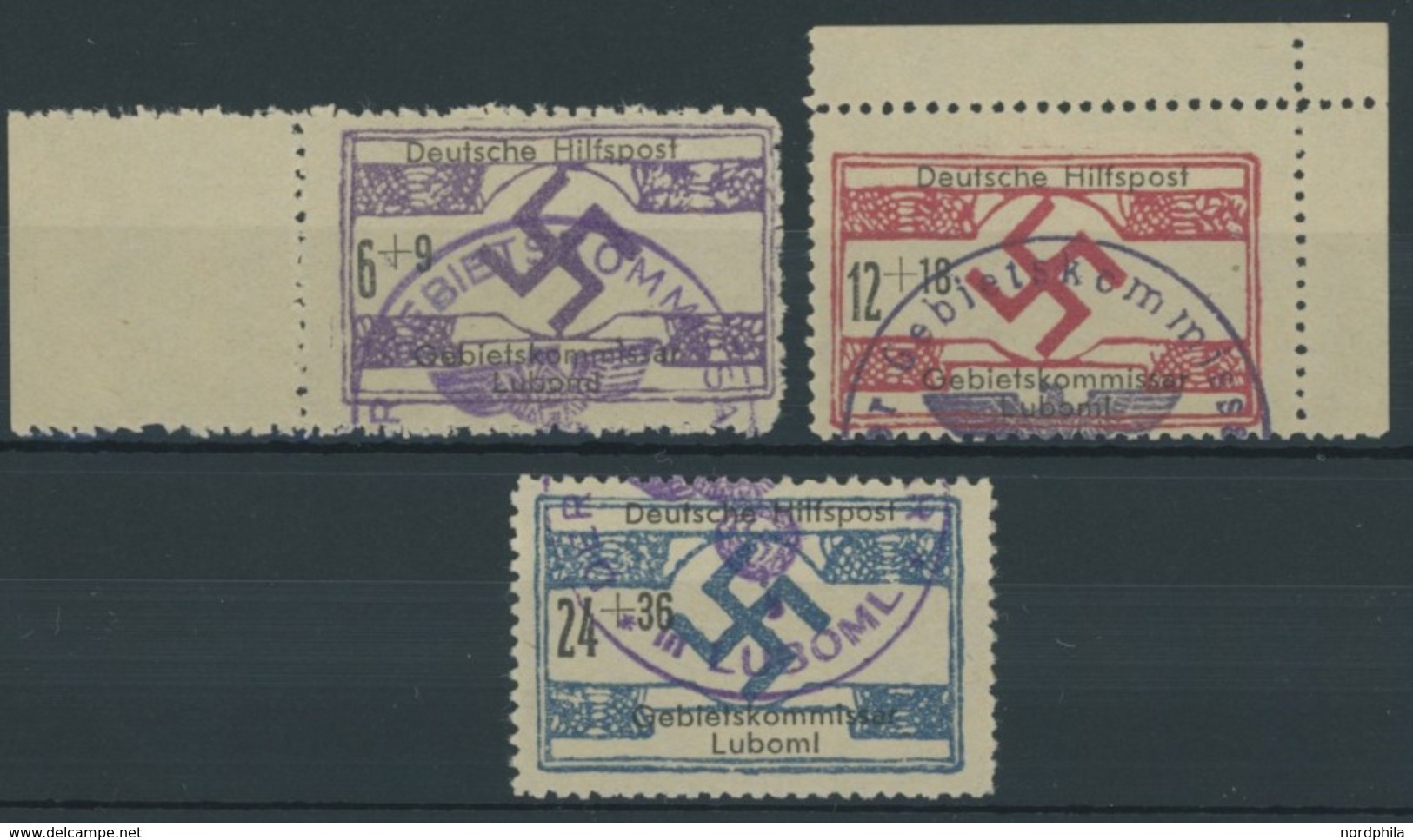 UKRAINE 8-10 O, 1944, 6 - 24 Pf. Luboml, Normale Zähnung, 3 Prachtwerte, Gepr. Krischke, Mi. 450.- - Occupation 1938-45
