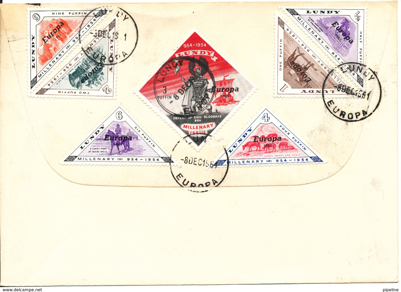 Great Britain CEPT EUROPA With Lundy Complete Set On The Backside 8-12-1961 With Cachet - 1961