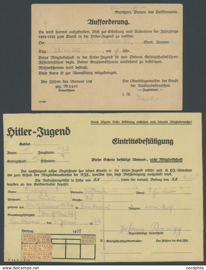 DT. GESCHICHTE/PROPAGANDA 1919-45 DR 132 BRIEF, 1939/42, Drucksache Der Stadt STUTTGART Mit Aufforderung Der Hitler-Juge - Altri & Non Classificati