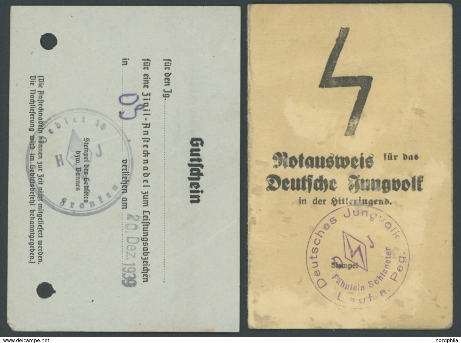 DT. GESCHICHTE/PROPAGANDA 1919-45 1939, Notausweis Für Das Deutsche Jungvolk In Der Hitlerjugend Sowie Gutschein Für Ein - Other & Unclassified