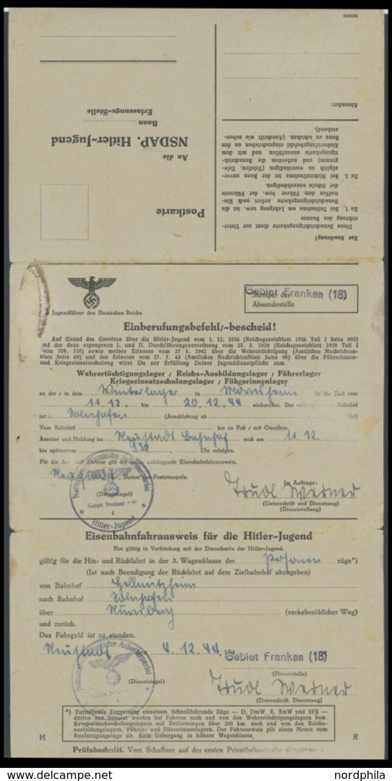 DT. GESCHICHTE/PROPAGANDA 1919-45 D 155,165 BRIEF, 1944, Einberufungsbefehl Aus NEUSTADT (AISCH) Zum Winterlager Mit Anh - Sonstige & Ohne Zuordnung