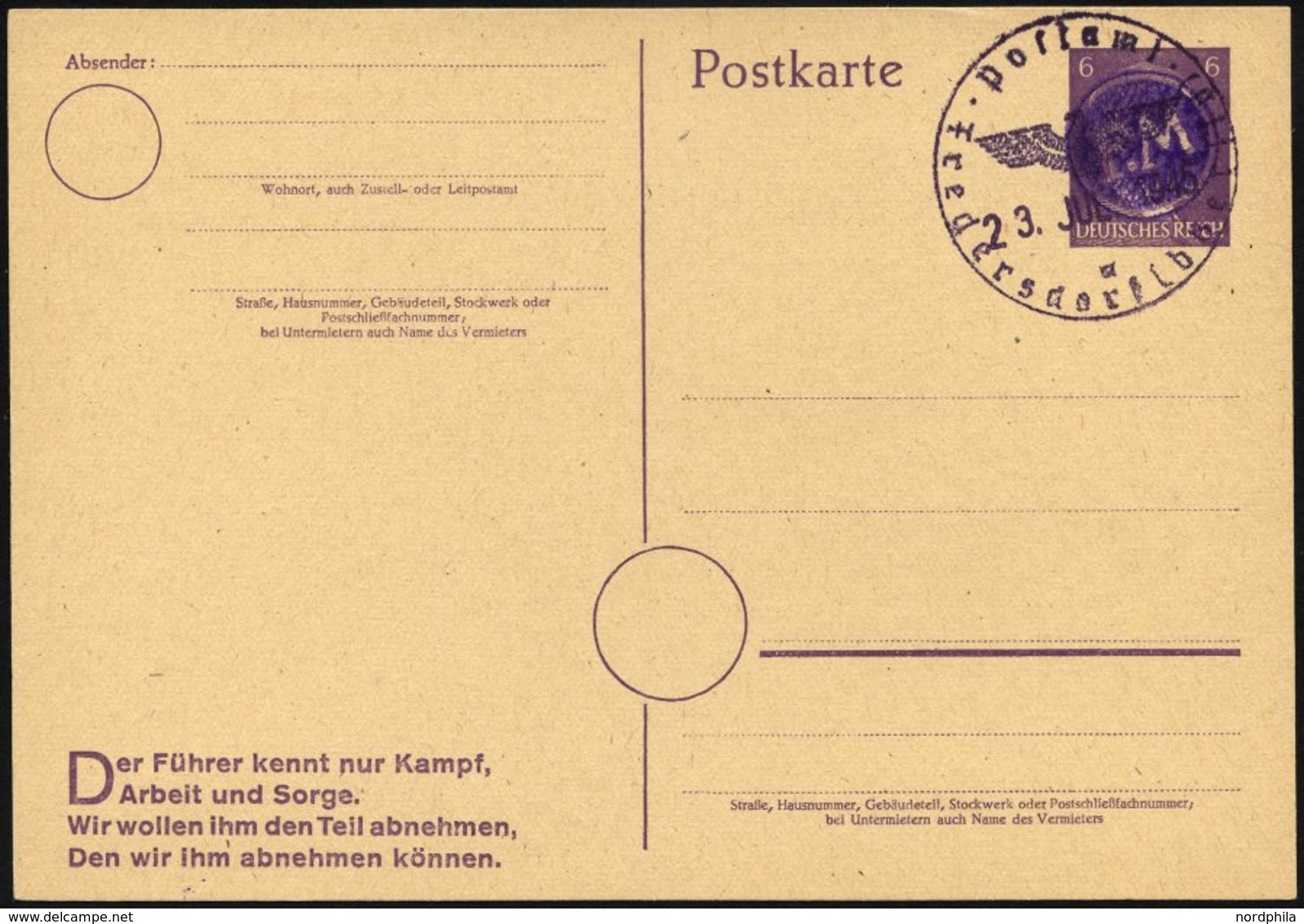FREDERSDORF DR P 314 BRIEF, 1945, 6 Pf. Hitler-Ganzsachenkarte Mit Seltenem Dienststempel, Leer Gestempelt, Pracht, Gepr - Private & Local Mails