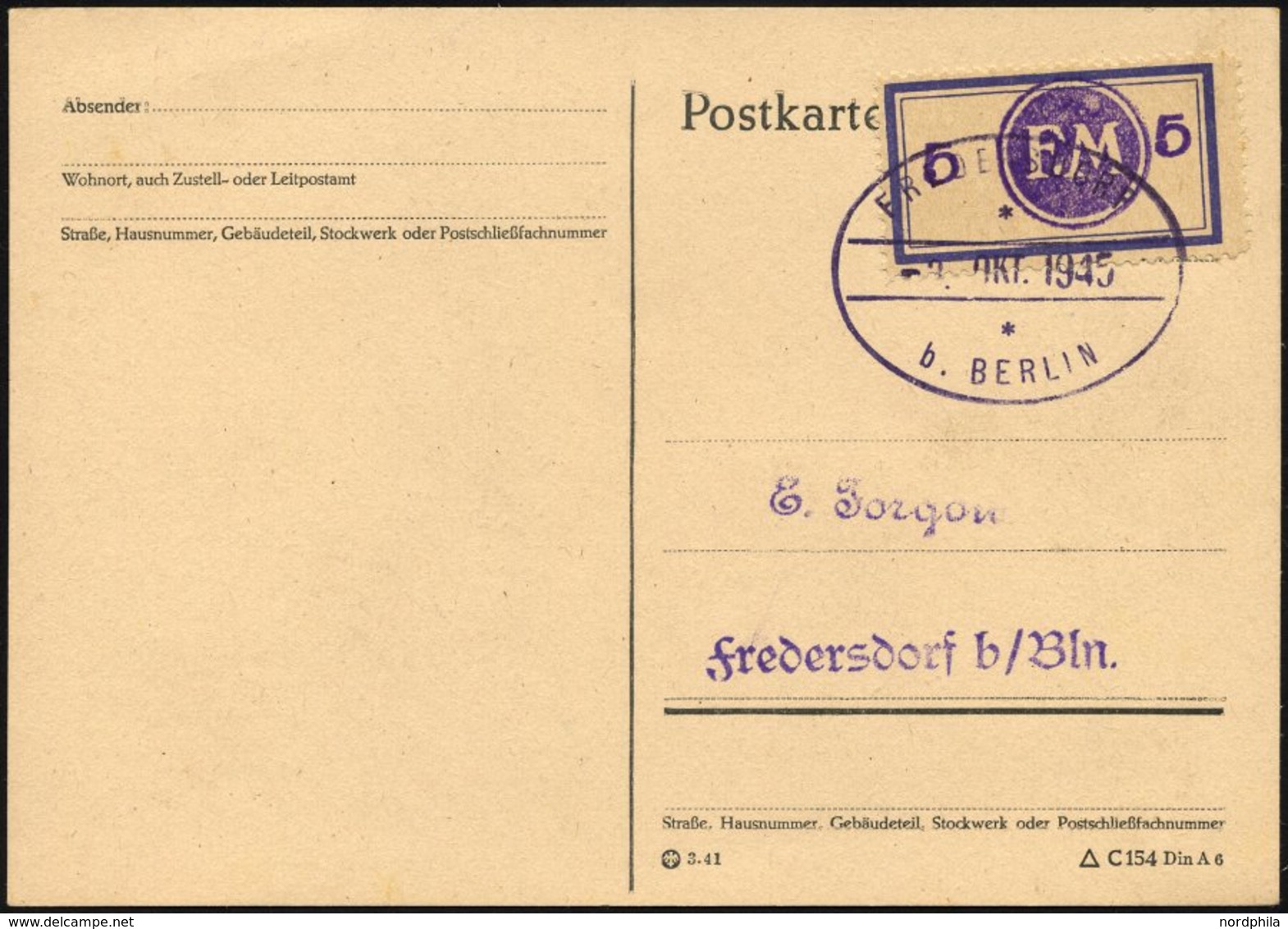 FREDERSDORF Sp 161FI BRIEF, 1945, 5 Pf., Rahmengröße 38x21 Mm, Mit Abart Aufdruck Bläulichviolett, Auf Prachtkarte, Gepr - Correos Privados & Locales