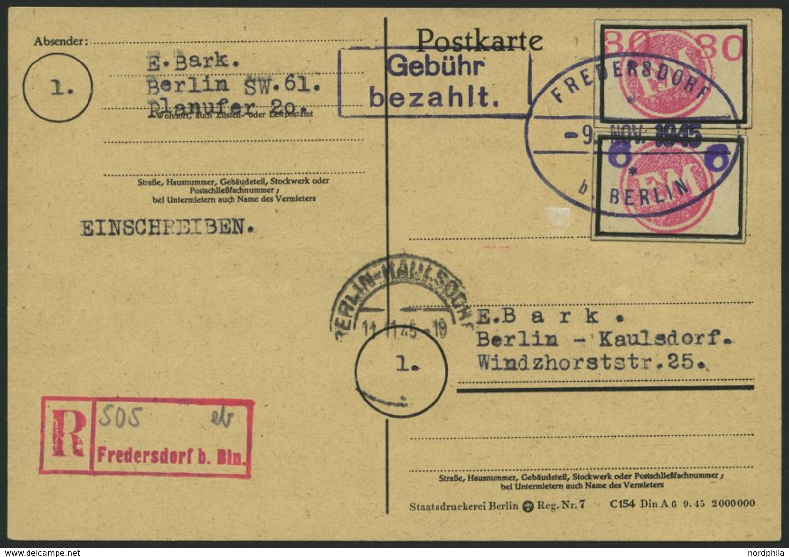 FREDERSDORF Sp 227FI,30 BRIEF, 1945, 6 Pf., Rahmengröße 28x19 Mm, Große Wertziffern, Mit Abart Wertziffern Bläulichviole - Private & Local Mails