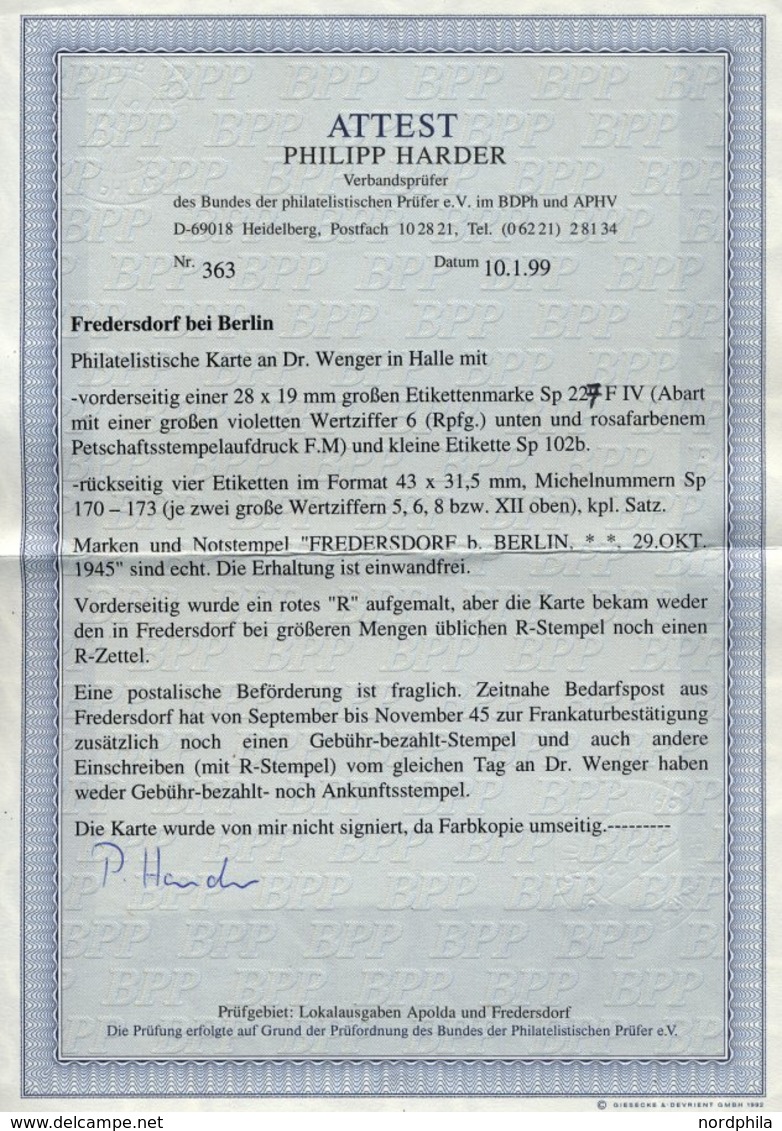 FREDERSDORF Sp 227FIV BRIEF, 1945, 6 Pf., Rahmengröße 28x19 Mm, Große Wertziffern, Mit Abart Wertziffer Bläulichviolett, - Private & Local Mails