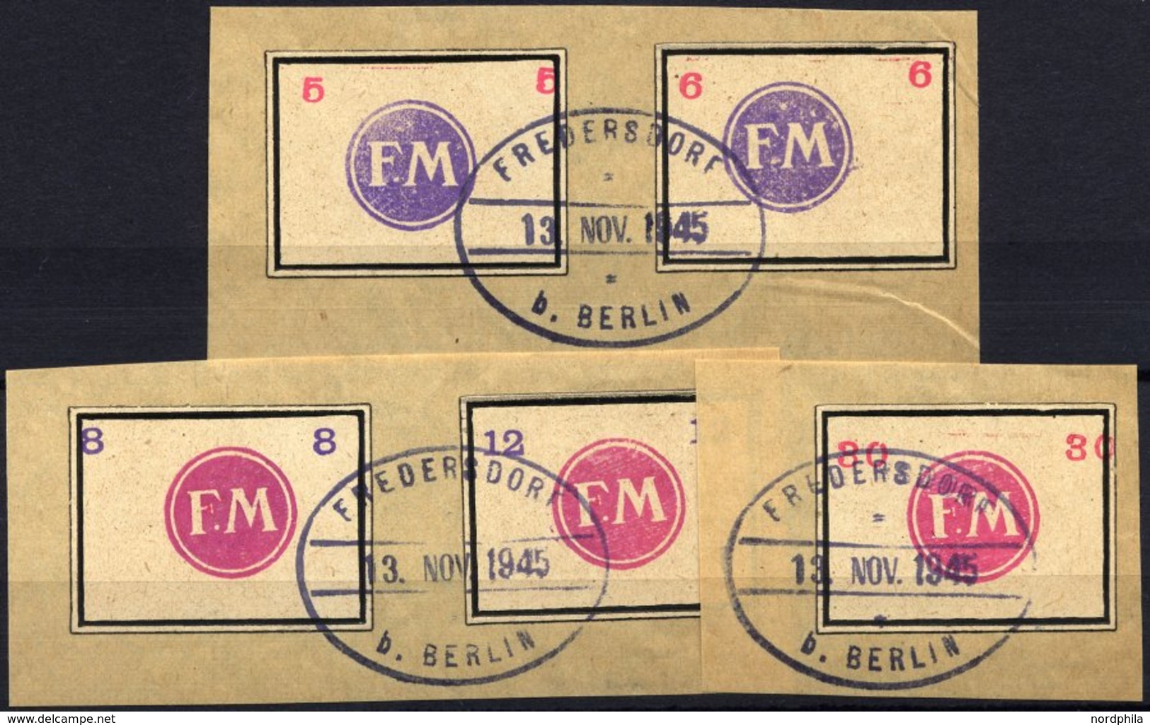 FREDERSDORF Sp 246-50 BrfStk, 1945, 5 - 30 Pf., Rahmengröße 38x28 Mm, Kleine Wertziffern, Prachtsatz Auf Briefstücken, A - Postes Privées & Locales