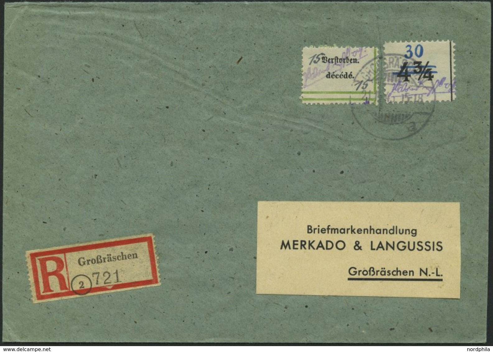 GROSSRÄSCHEN-VORLÄUFER V 5f,V 9 BRIEF, 1945, 30 Pf. Uhrzeitklebezettel Mit 15 Pf. Verstorben Auf Einschreibbrief, Pracht - Correos Privados & Locales