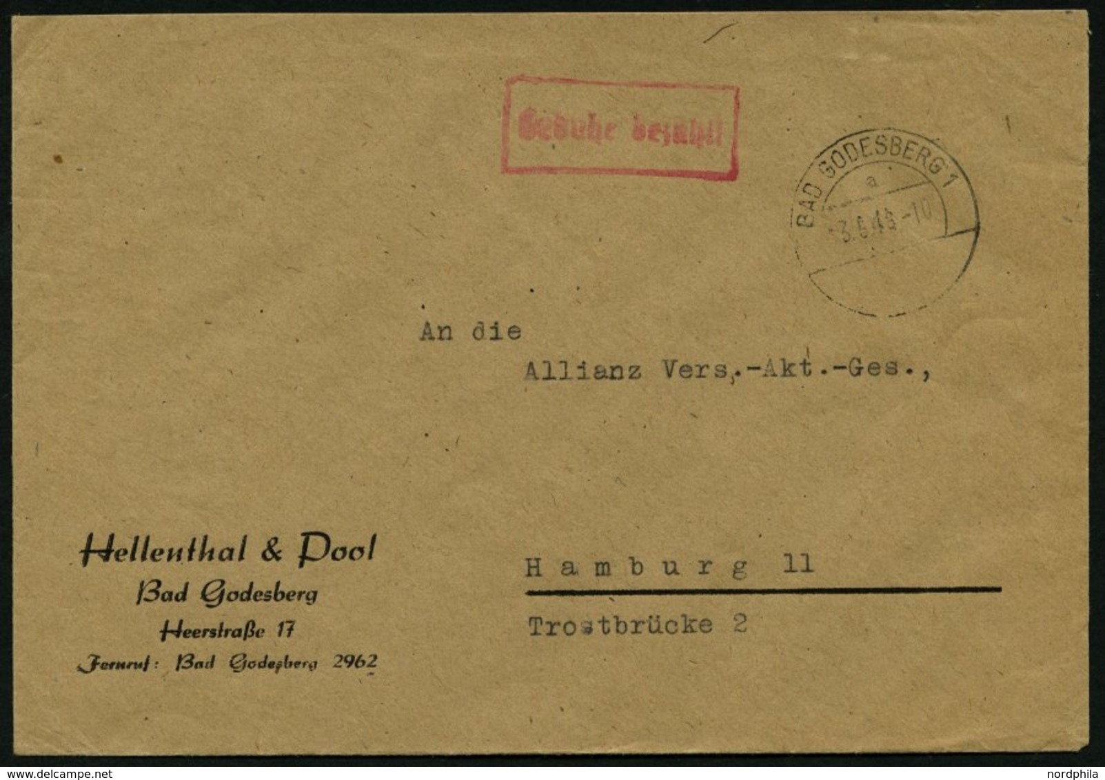 ALL. BES. GEBÜHR BEZAHLT BAD GODESBERG, 3.6.46, Roter R1 Gebühr Bezahlt, Ortsstempel Nachträglich Entwertet, Prachtbrief - Other & Unclassified