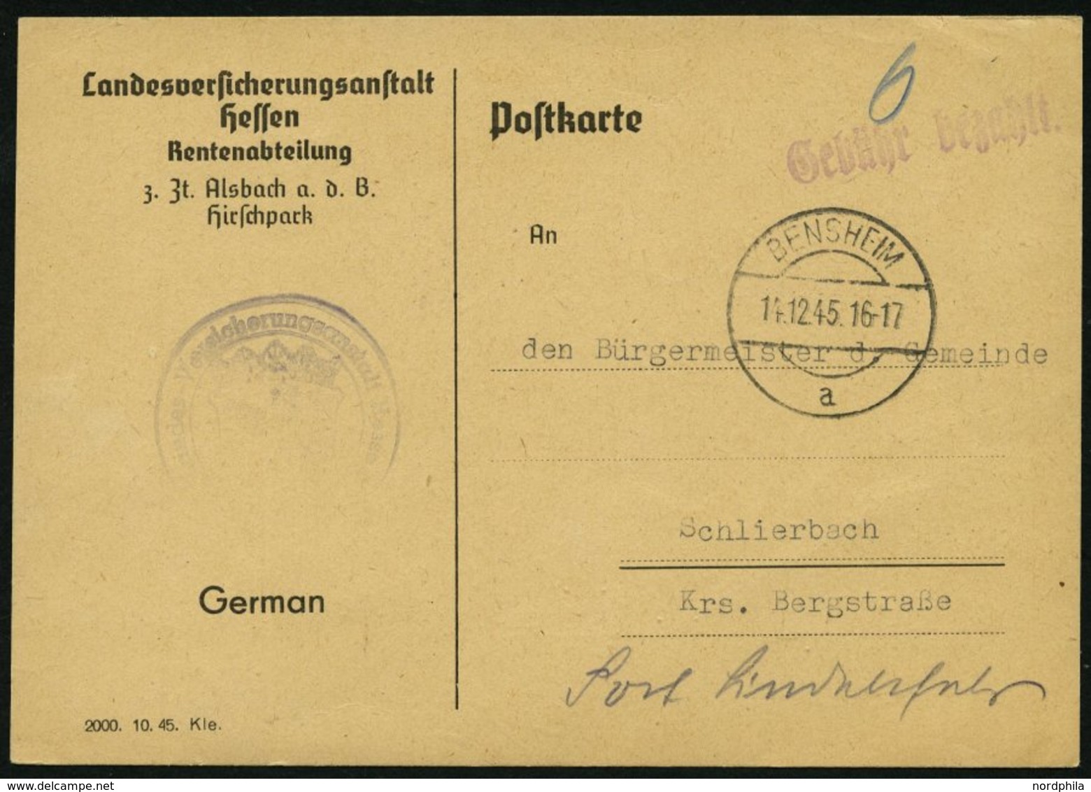 ALL. BES. GEBÜHR BEZAHLT BENSHEIM, 14.12.45, Violetter L1 Gebühr Bezahlt, Prachtkarte - Other & Unclassified