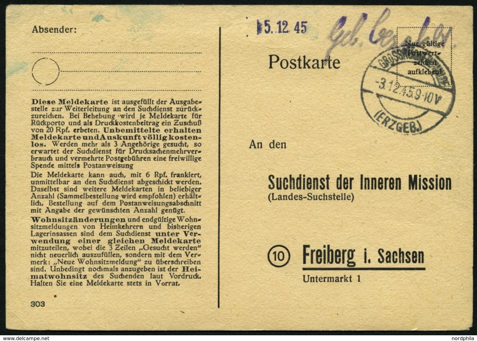 ALL. BES. GEBÜHR BEZAHLT GROSSRÜCKERSWALDE, 3.12.45, Handschriftlich Geb. Bezahlt Auf Suchdienstkarte, Pracht - Other & Unclassified