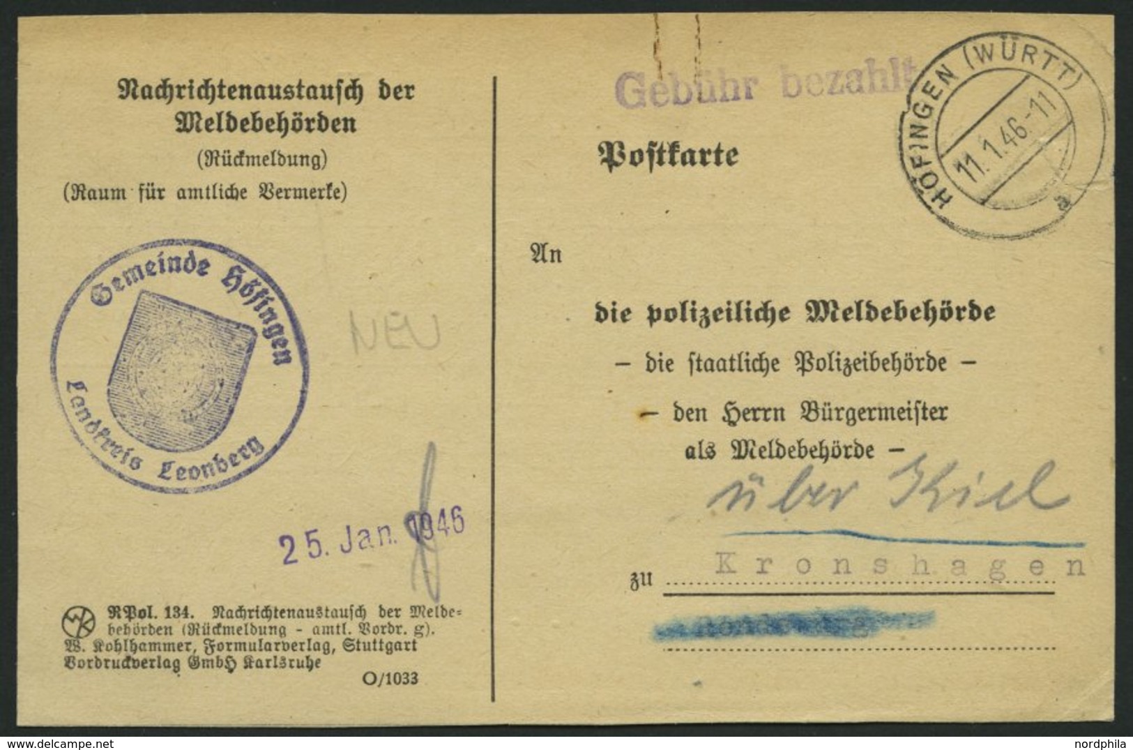 ALL. BES. GEBÜHR BEZAHLT HÖFINGEN (WÜRTT), 11.1.46, Violetter L1 Gebühr Bezahlt, Karte Feinst - Other & Unclassified