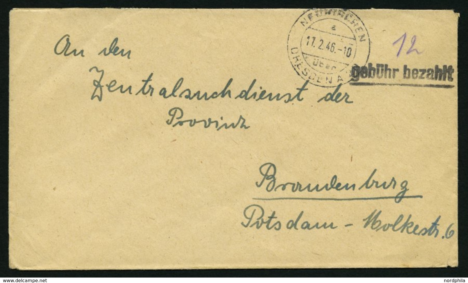 ALL. BES. GEBÜHR BEZAHLT NEUKIRCHEN über DRESDEN, 17.12.46, R1 Gebühr Bezahlt, Mit Unterstreichung, Handschriftlich 12,  - Autres & Non Classés