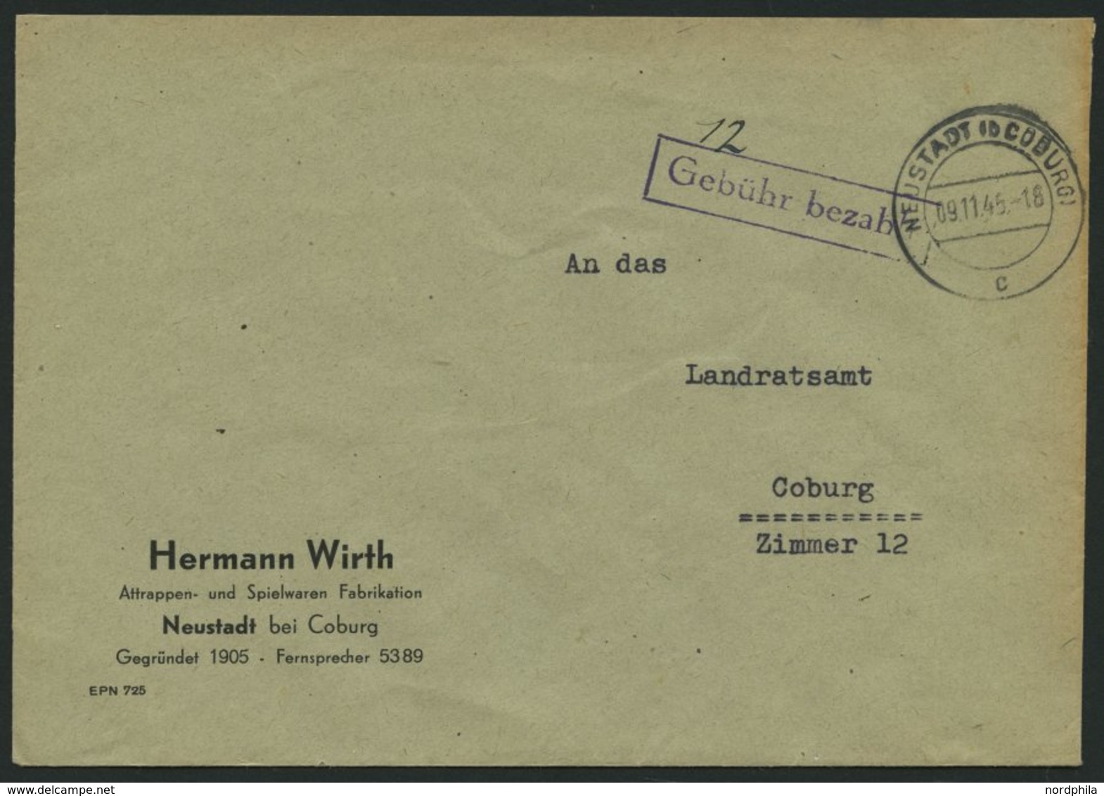 ALL. BES. GEBÜHR BEZAHLT NEUSTADT COBURG, 09.11.45, Violetter R1 Gebühr Bezahlt, Prachtbrief - Other & Unclassified