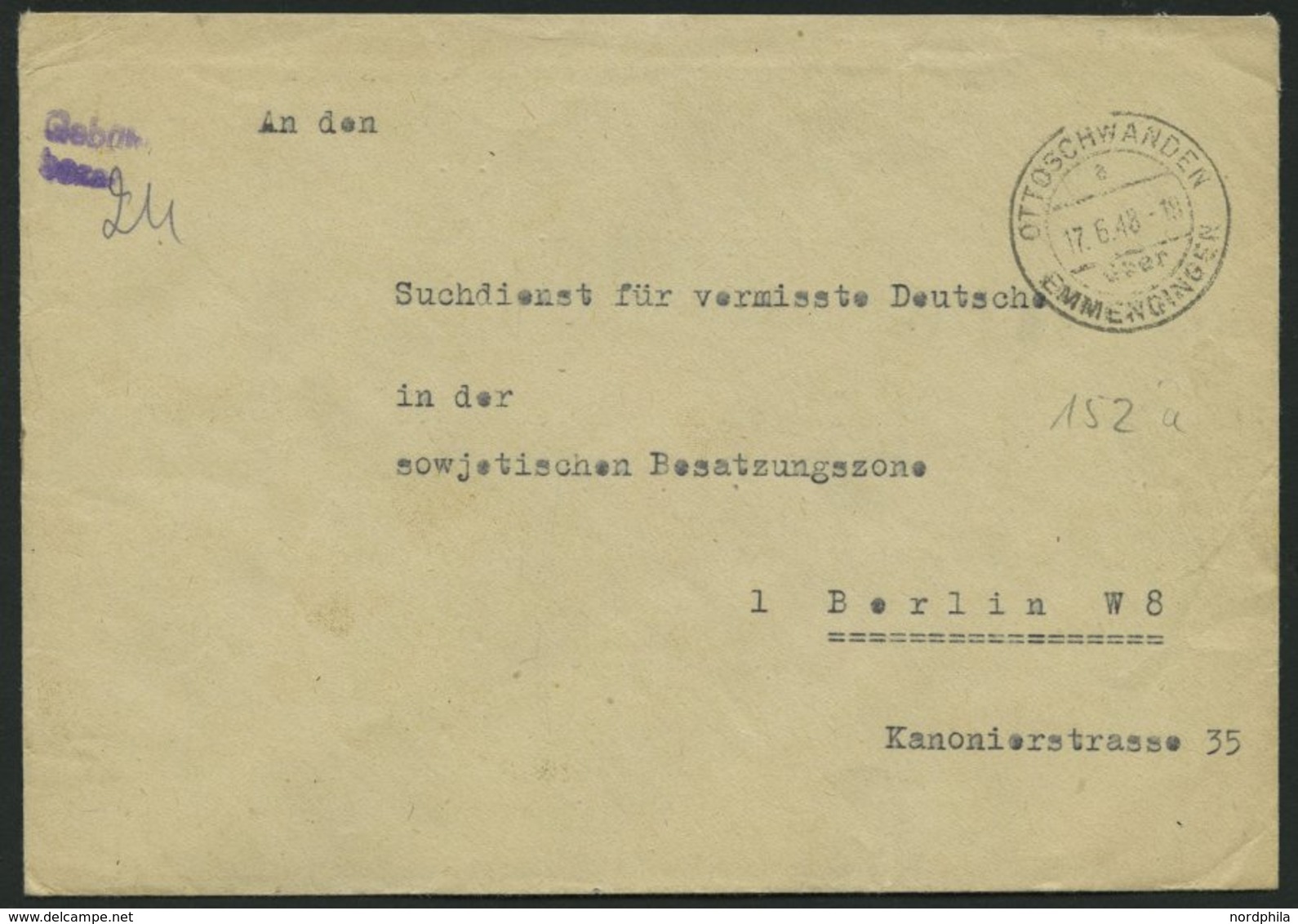 ALL. BES. GEBÜHR BEZAHLT OTTOSCHWANDEN EMMENDINGEN, 17.6.46, Kleiner Violetter L2 Gebühr Bezahlt, Prachtbrief - Autres & Non Classés