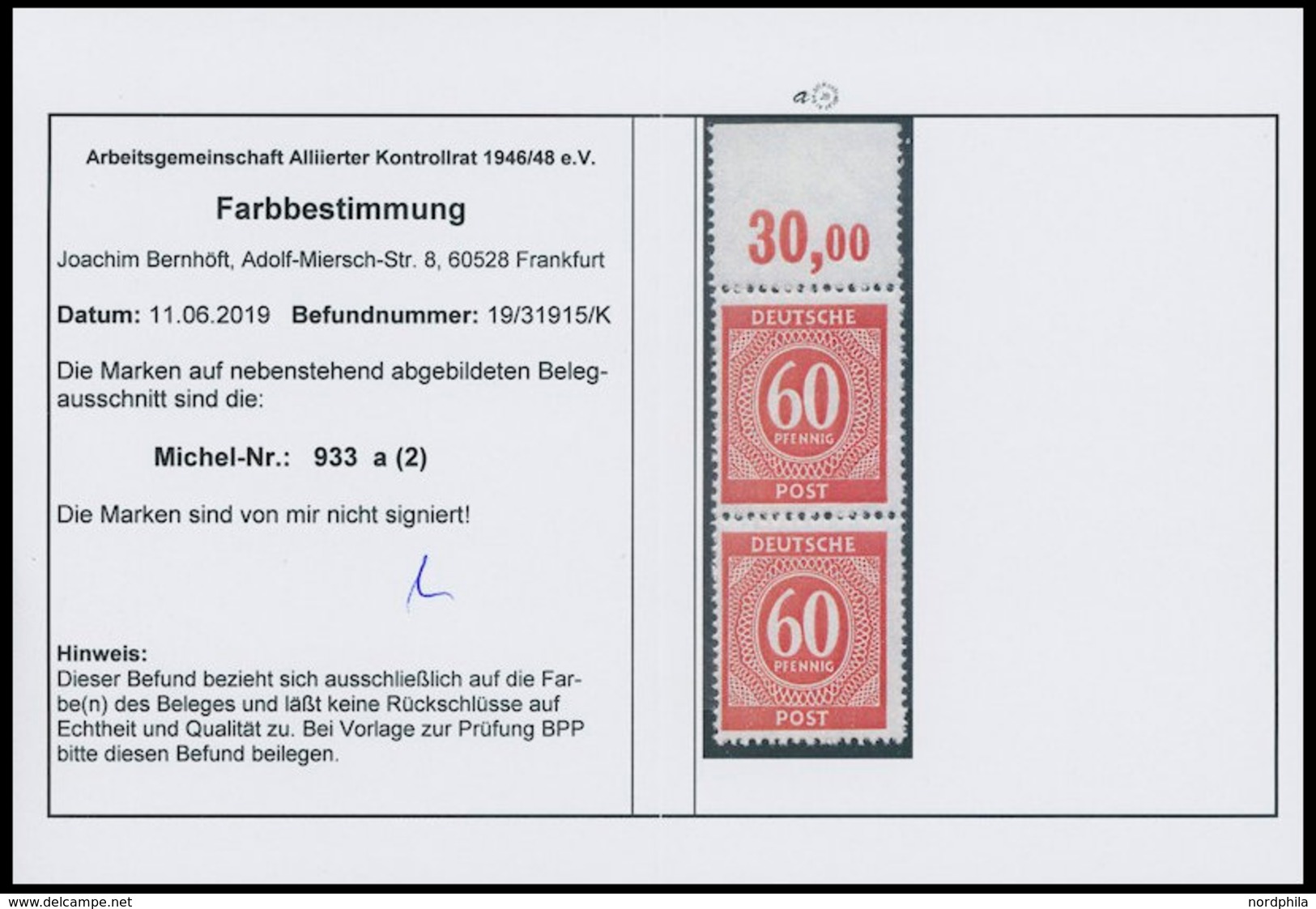 ALLIIERTE BES. 933POR **, 1946, 60 Pf. Rot, Oberrandstück, Plattendruck, Durchgezähnt, Pracht, Mi. 250.- - Autres & Non Classés