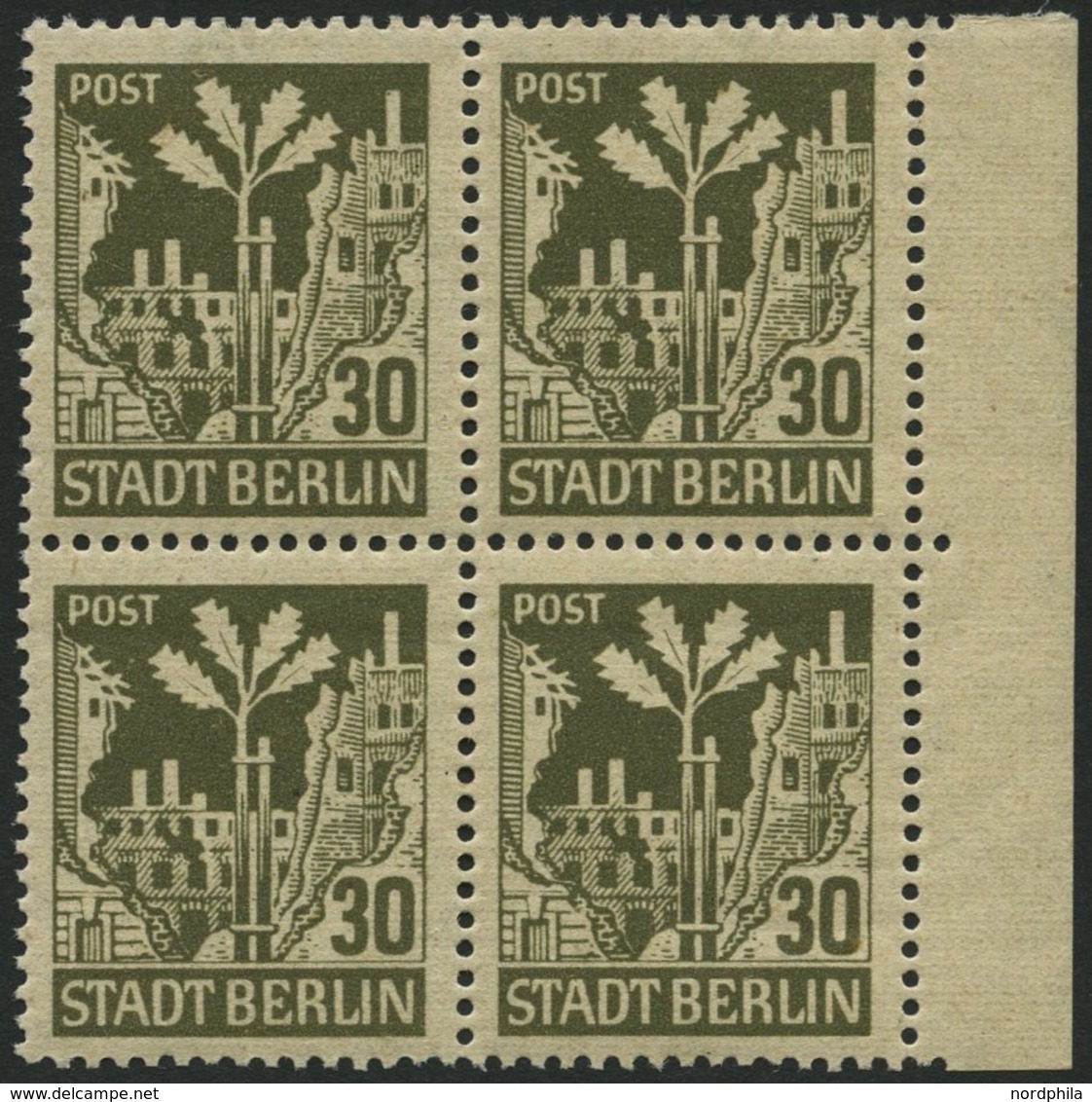 BERLIN UND BRANDENBURG 7Abwaz VB **, 1945, 30 Pf. Schwärzlichbraunoliv Im Randviererblock, Pracht, Gepr. Zierer, Mi. 160 - Sonstige & Ohne Zuordnung