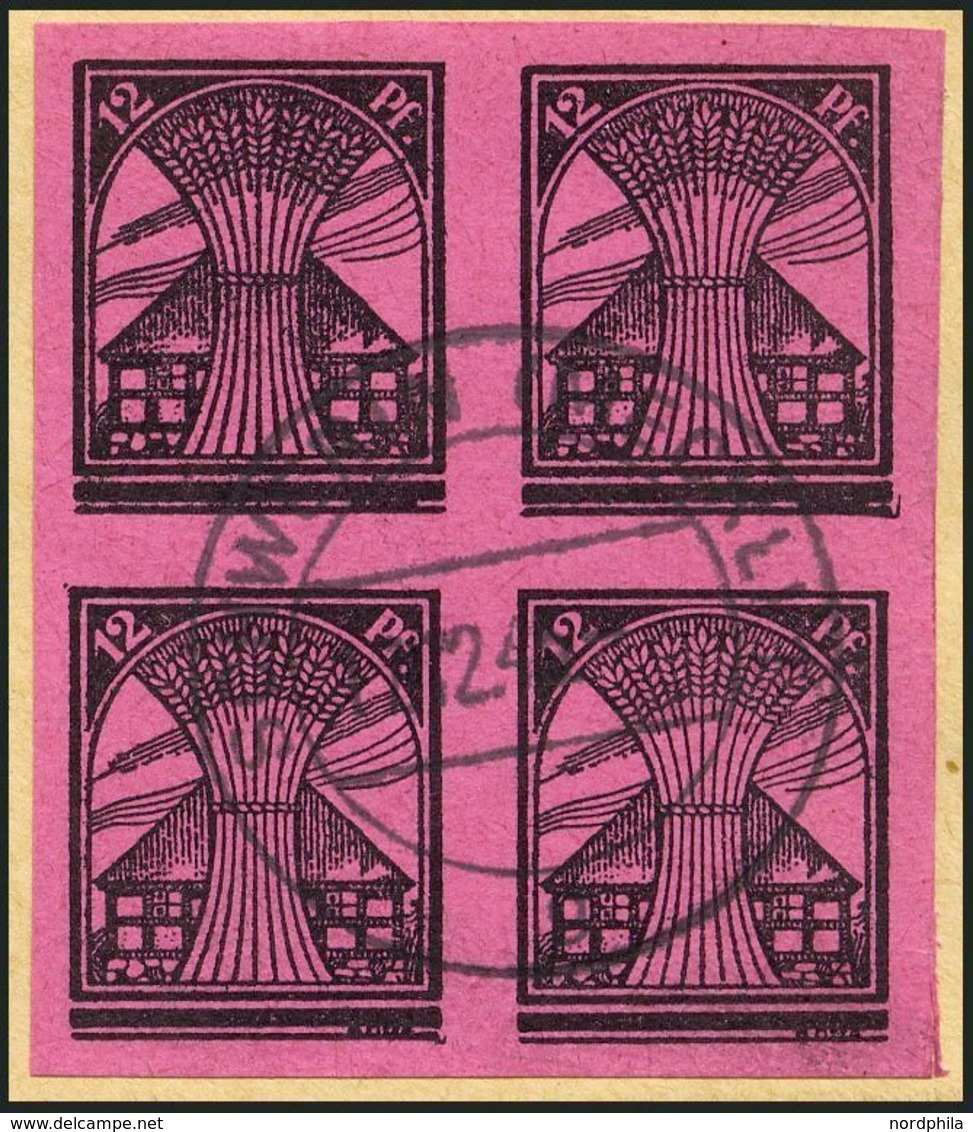 MECKLENBURG-VORPOMMERN 16U VB BrfStk, 1945, 12 Pf. Schwarz Auf Lilarosa, Ungezähnt Im Viererblock, Zentrisch Gestempelt, - Otros & Sin Clasificación