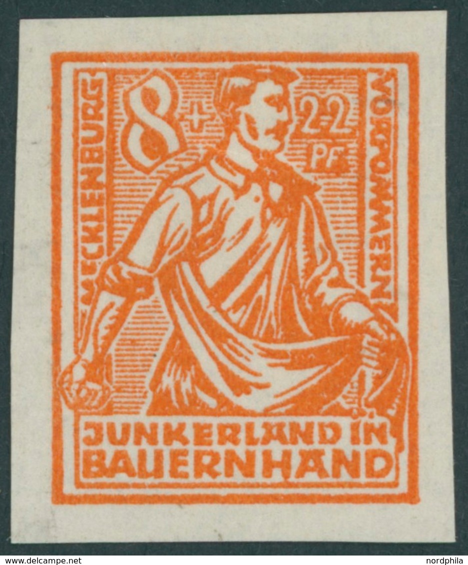 MECKLENBURG-VORPOMMERN 24PIIU (*), 1945, Probedruck: 8 Pf. Orange, Pergamentpapier, Ungezähnt, Pracht, Mi. 180.- - Altri & Non Classificati