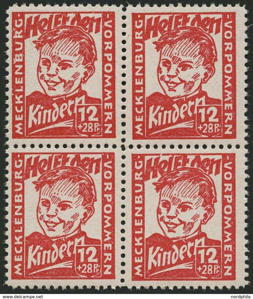 MECKLENBURG-VORPOMMERN 28b VB **, 1945, 12 Pf. Dunkelrosa Kinderhilfe Im Viererblock, Pracht, Gepr. Kramp, Mi. 320.- - Altri & Non Classificati