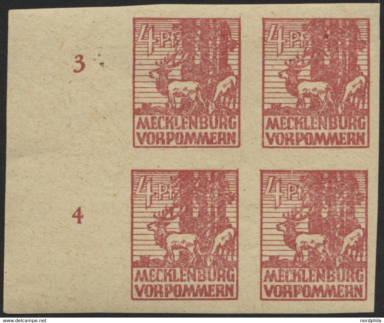 MECKLENBURG-VORPOMMERN 31yb VB **, 1946, 4 Pf. Lebhaftkarminbraun Im Randviererblock, Pracht, Fotoattest Kramp, Mi. (200 - Autres & Non Classés