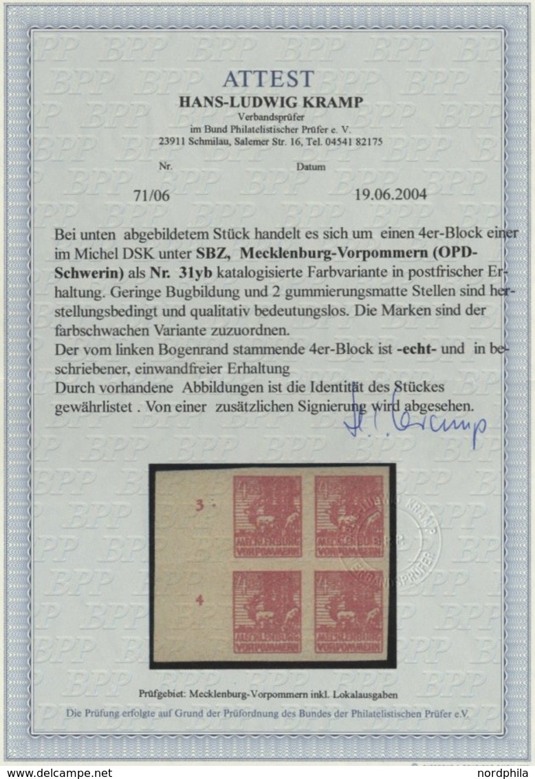 MECKLENBURG-VORPOMMERN 31yb VB **, 1946, 4 Pf. Lebhaftkarminbraun Im Randviererblock, Pracht, Fotoattest Kramp, Mi. (200 - Sonstige & Ohne Zuordnung