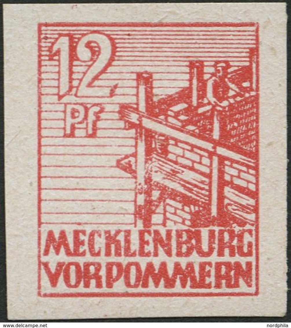 MECKLENBURG-VORPOMMERN 36xaU **, 1946, 12 Pf. Dunkelgraurot, Kreidepapier, Ungezähnt, Pracht, Mi. 60.- - Other & Unclassified