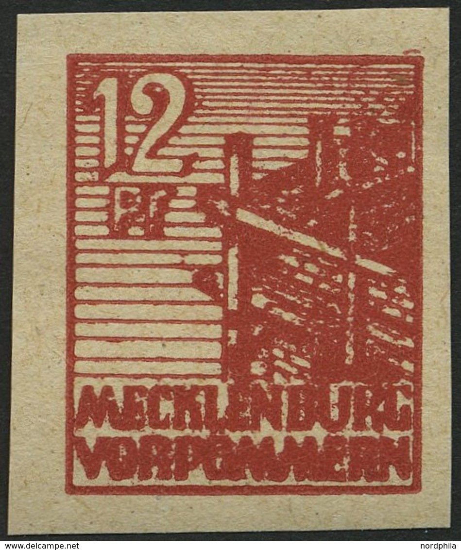 MECKLENBURG-VORPOMMERN 36ydU **, 1946, 12 Pf. Braunrot, Graues Papier, Ungezähnt, Pracht, Fotobefund Kramp, Mi. 500.- - Autres & Non Classés