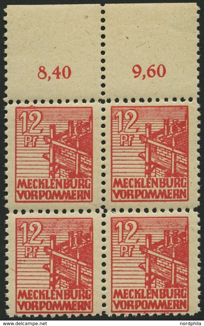 MECKLENBURG-VORPOMMERN 36zb VB **, 1946, 12 Pf. Rot, Dünnes Papier, Im Viererblock Vom Oberrand, Pracht, Gepr. Kramp, Mi - Otros & Sin Clasificación