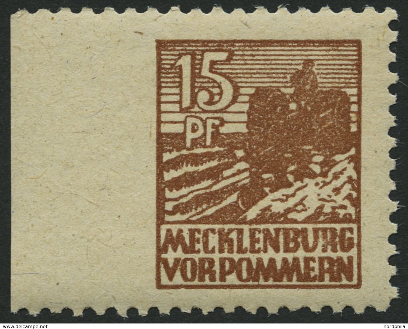 MECKLENBURG-VORPOMMERN 37yaUl **, 1946, 15 Pf. Gelbbraun, Graues Papier, Links Ungezähnt, Pracht, Mi. 160.- - Otros & Sin Clasificación