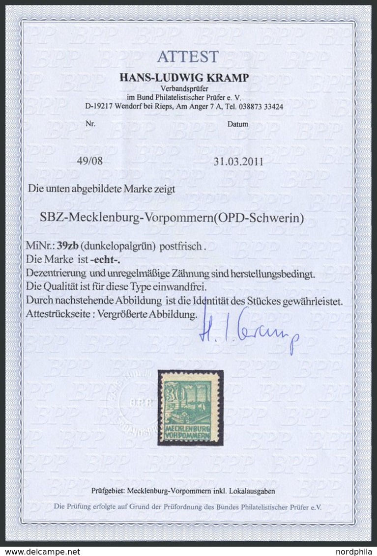 MECKLENBURG-VORPOMMERN 39zb **, 1946, 30 Pf. Dunkelopalgrün, Dünnes Papier, Pracht, Fotoattest Kramp, Mi. 1600.- - Otros & Sin Clasificación