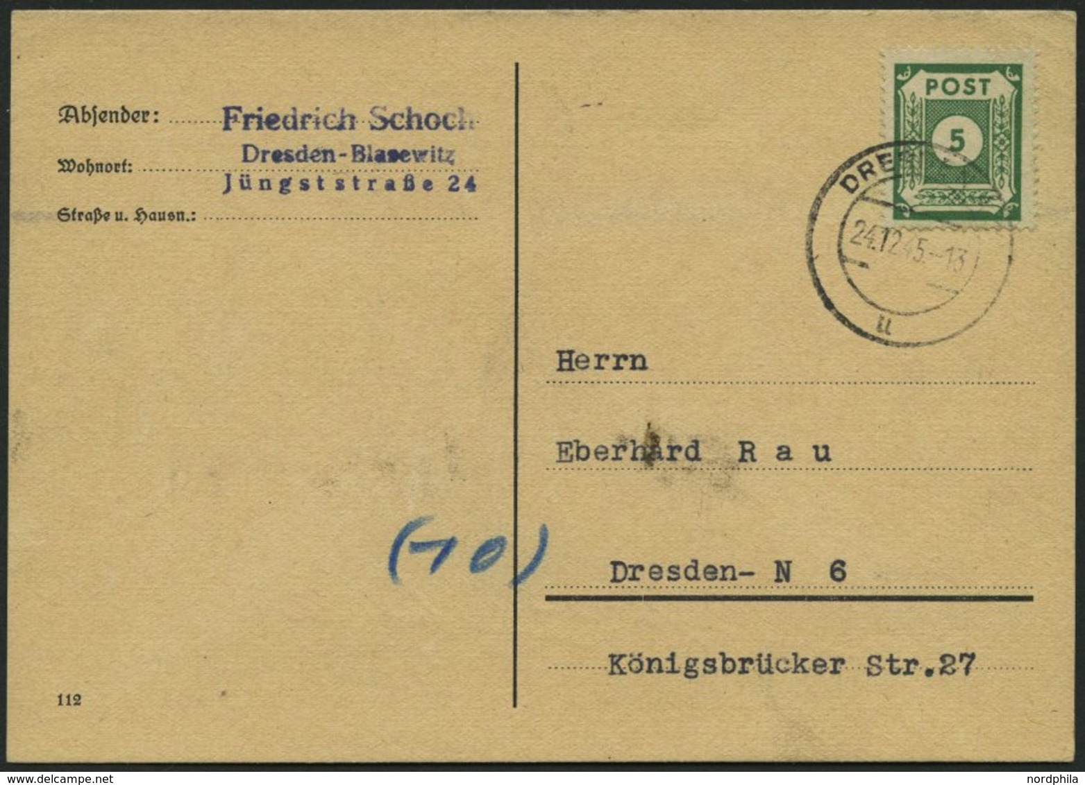 OST-SACHSEN 57a BRIEF, 1945, 5 Pf. Dunkelgrün Auf Ortspostkarte, Pracht - Otros & Sin Clasificación