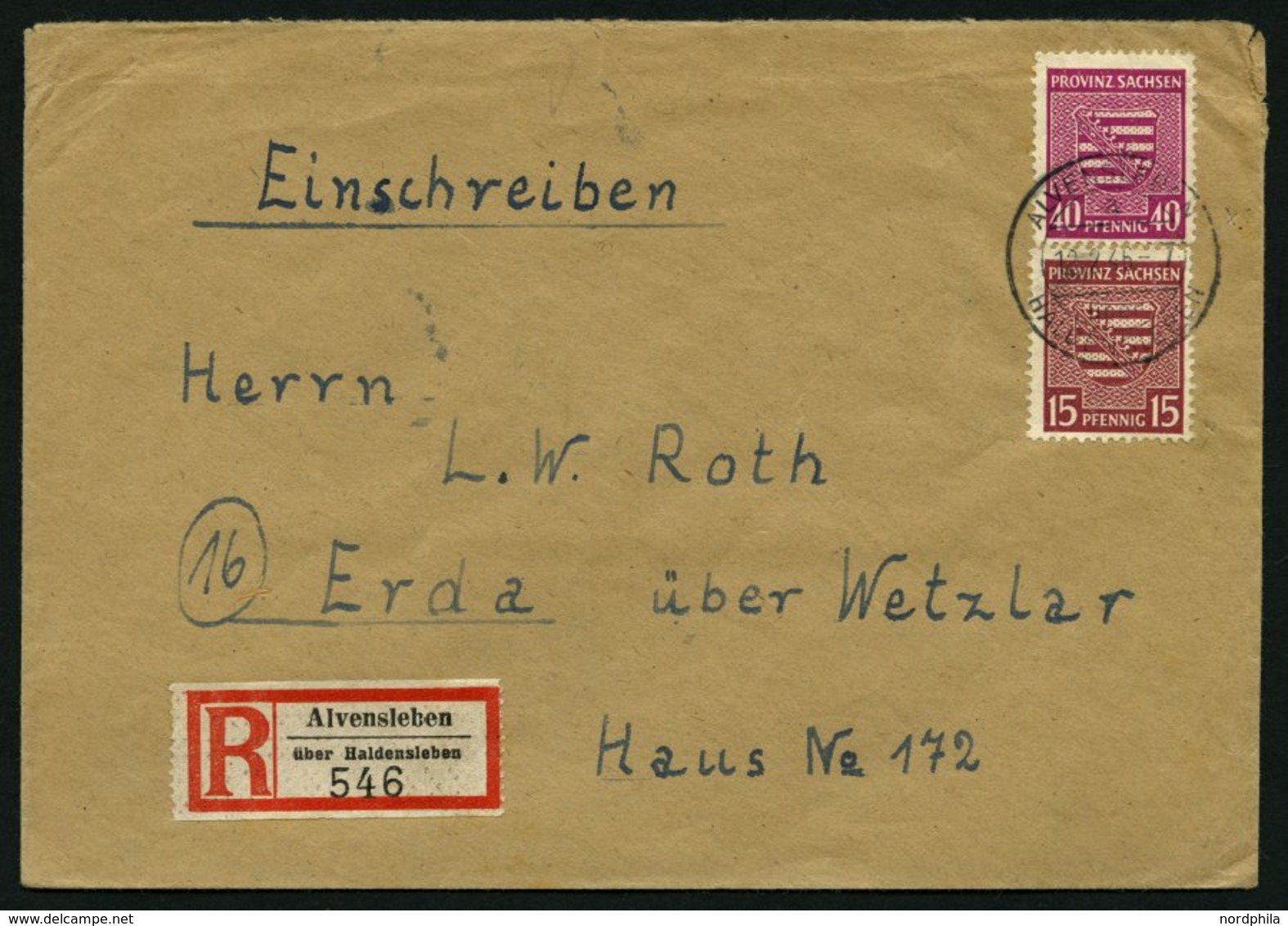 PROVINZ SACHSEN 80Ya,84Xa BRIEF, 1945, 40 Pf. Dunkellilarosa, Wz. 1X Und 15 Pf. Mittellilakarmin, Wz. 1Y, Auf Einschreib - Other & Unclassified