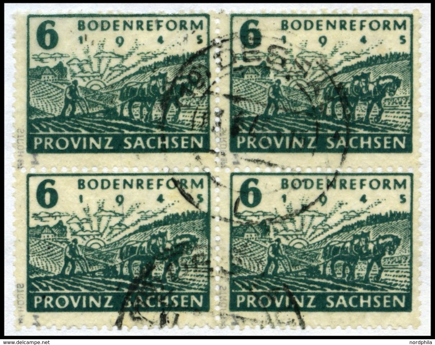 PROVINZ SACHSEN 90Z VB O, 1946, 6 Pf. Bodenreform Auf Zigarettenpapier, Wz. 2Z, Im Viererblock, üblich Gezähnt Pracht, G - Sonstige & Ohne Zuordnung