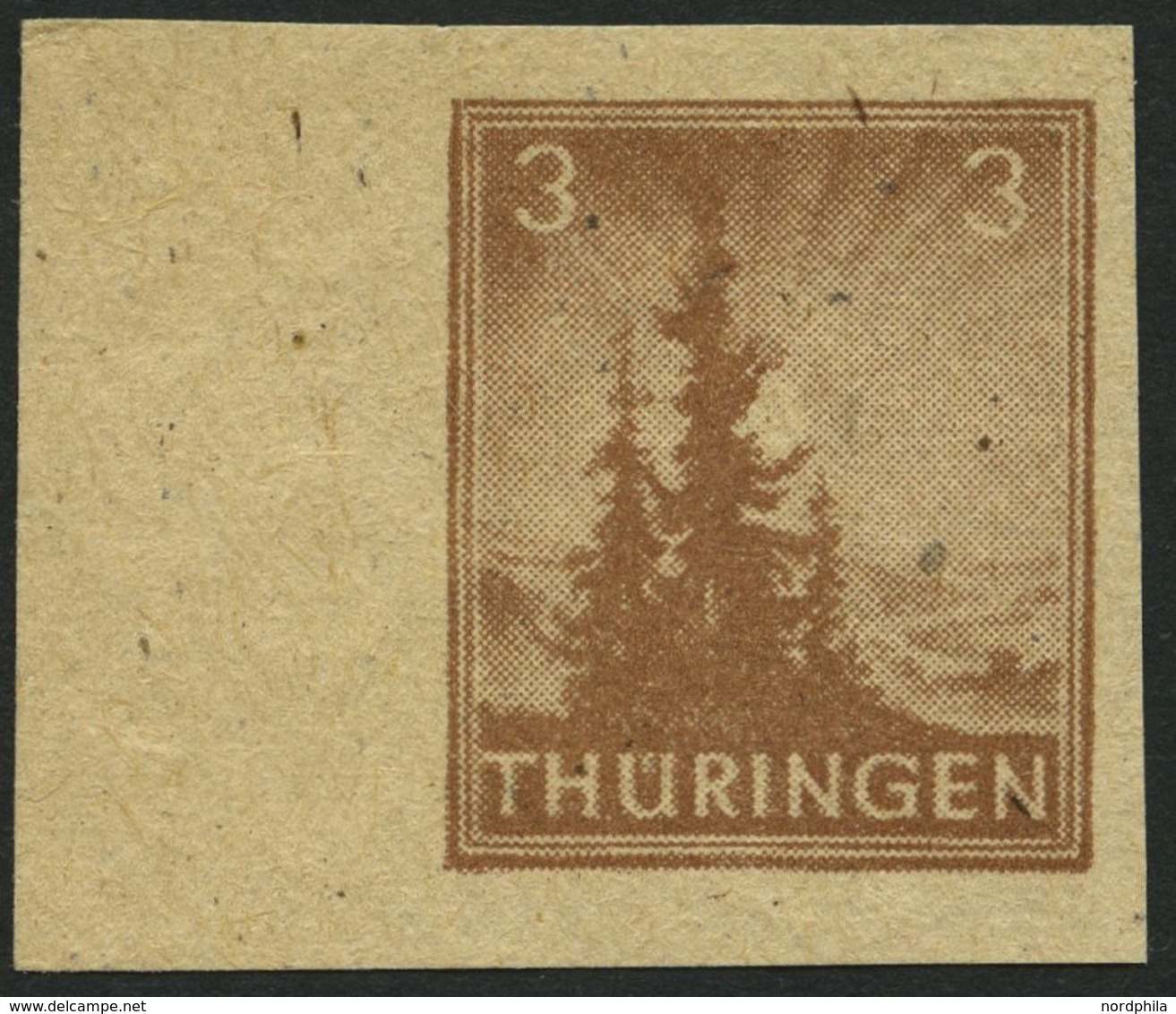 THÜRINGEN 92AYz2U **, 1946, 3 Pf. Orangebraun, Spargummierung, Dickes Papier, Fallende Papierstreifung, Ungezähnt, Linke - Autres & Non Classés