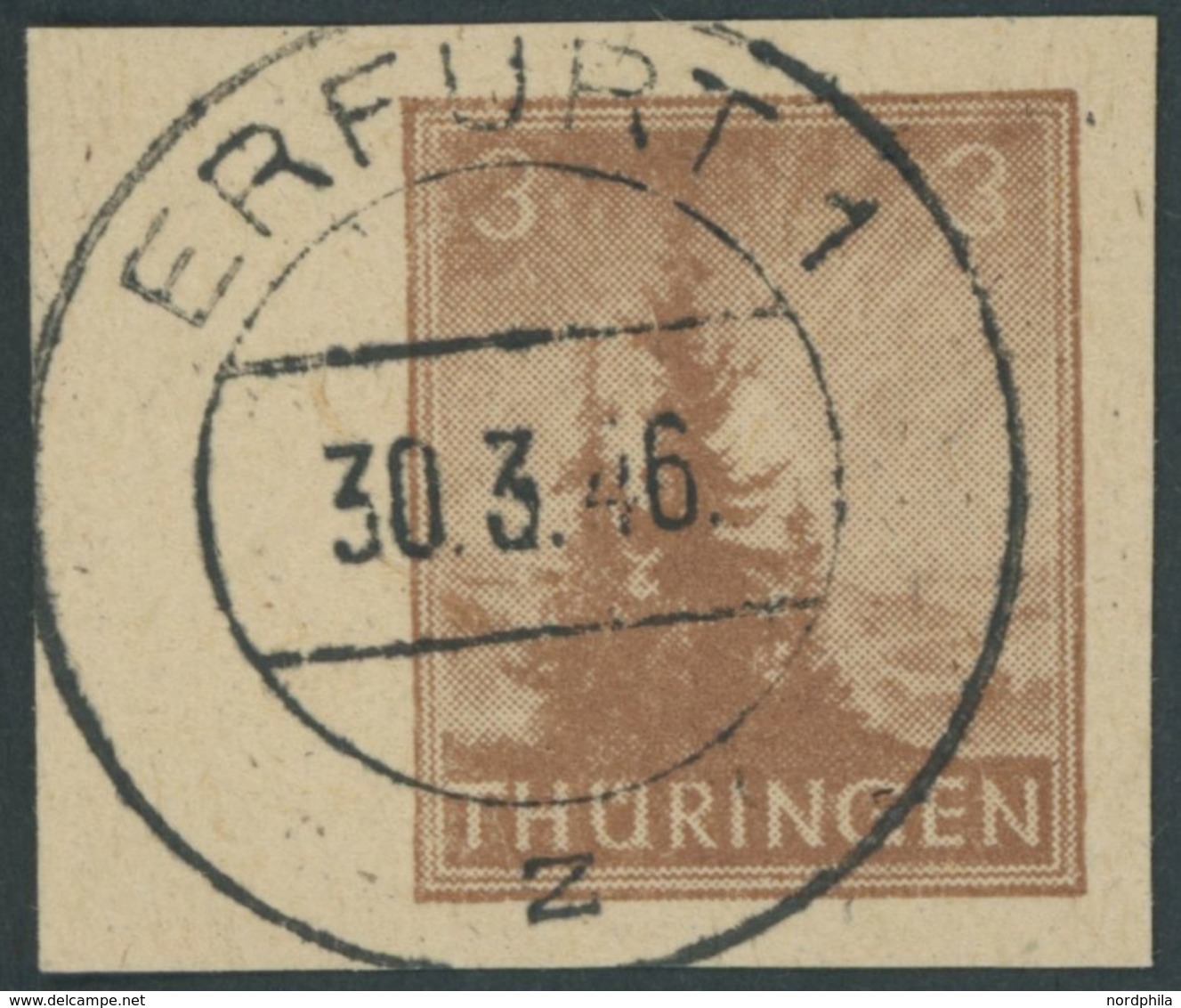 THÜRINGEN 92AYz2U O, 1946, 3 Pf. Orangebraun, Spargummierung, Dickes Papier, Fallende Papierstreifung, Ungezähnt, Linkes - Sonstige & Ohne Zuordnung